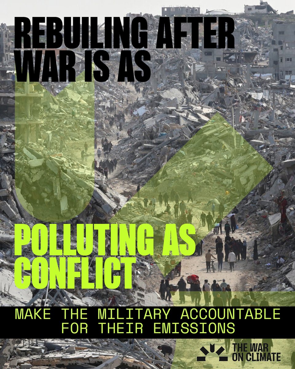War on Climate: The Uncounted Costs of Conflict (@thewaronclimate) on Twitter photo Gaza’s reconstruction alone could emit up to 60 million tonnes of CO₂, more than 135 countries produce in a year. Carbon-heavy materials like cement and steel, debris removal, and toxic remnants drive massive, long-term environmental damage. Yet these emissions go uncounted. Gaza’s reconstruction alone could emit up to 60 million tonnes of CO₂, more than 135 countries produce in a year. Carbon-heavy materials like cement and steel, debris removal, and toxic remnants drive massive, long-term environmental damage. Yet these emissions go uncounted.