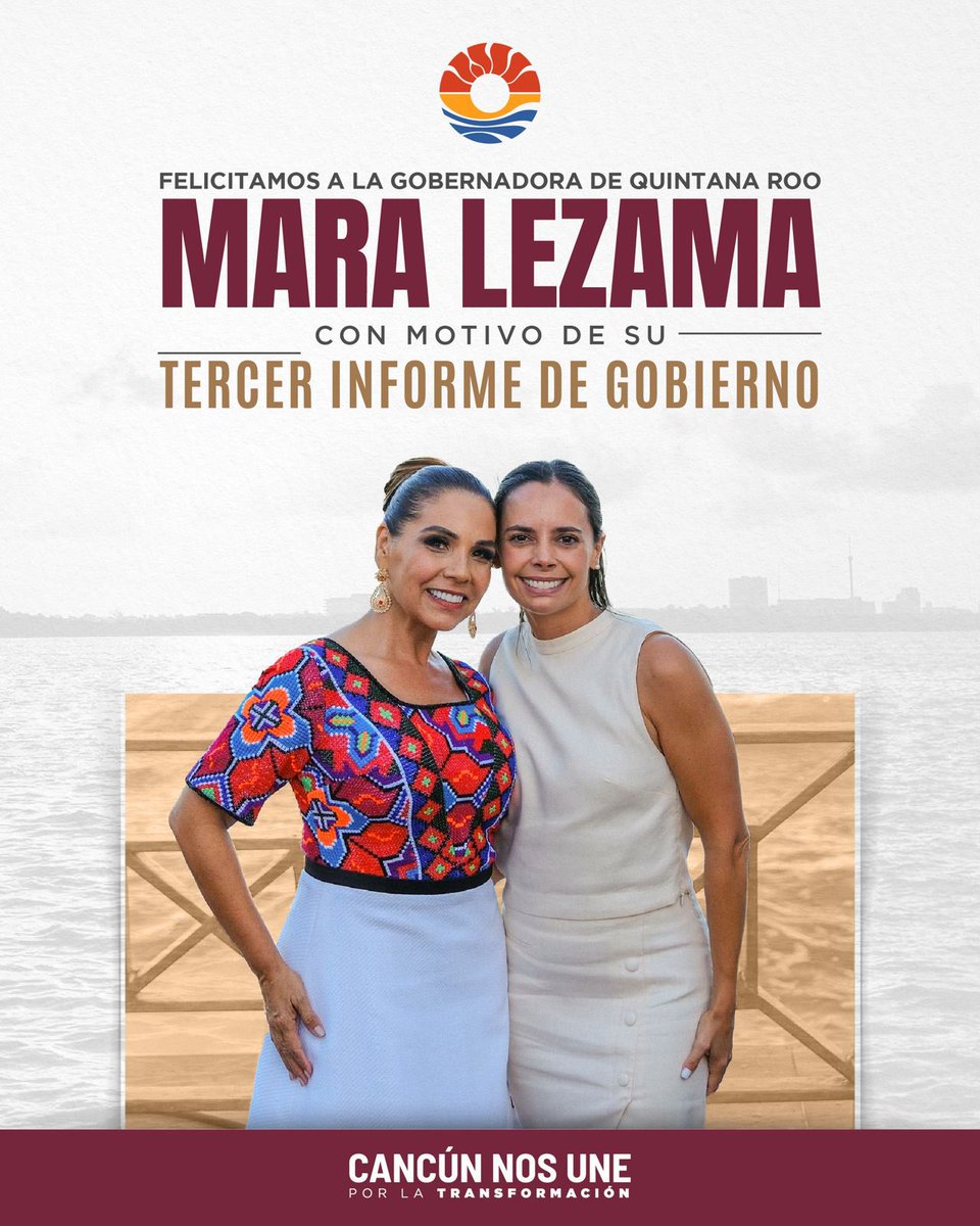 Felicitamos a nuestra gobernadora <a href="/MaraLezama/">Mara Lezama</a> por la presentación de su Tercer Informe de Gobierno, en el que demostró que en Quintana Roo no se da ni un paso atrás en la transformación.
(1/2)