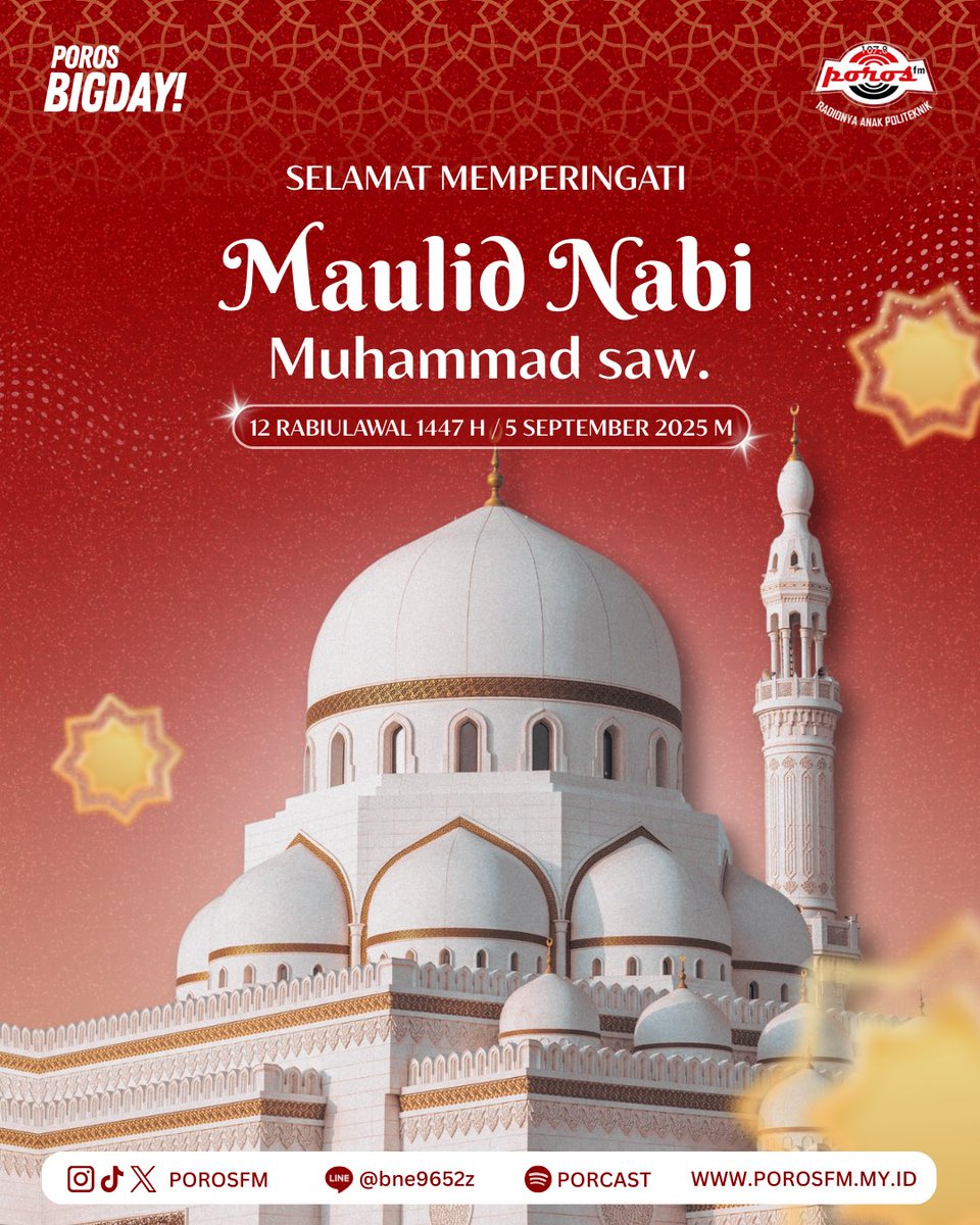 porosfm's tweet image. Memperingati Maulid Nabi Muhammad SAW 💫
 
Maulid Nabi merupakan hari peringatan kelahiran Nabi Muhammad SAW. Mari jadikan momen ini sebagai pengingat untuk meneladani akhlak Rasulullah SAW dan menerapkannya dalam kehidupan sehari-hari 🤲

#PorosFM #Bigdays #PorosLimitless