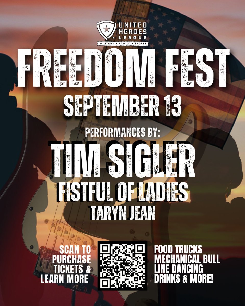 FREEDOM FEST is almost here!  Enjoy a night of live music,  community, and support for military families. Every ticket helps UHL continue our mission: Where Military Families and Sports Unite. 

Visit bit.ly/428qGV4 to get your tickets now! #UnitedHeroesLeague