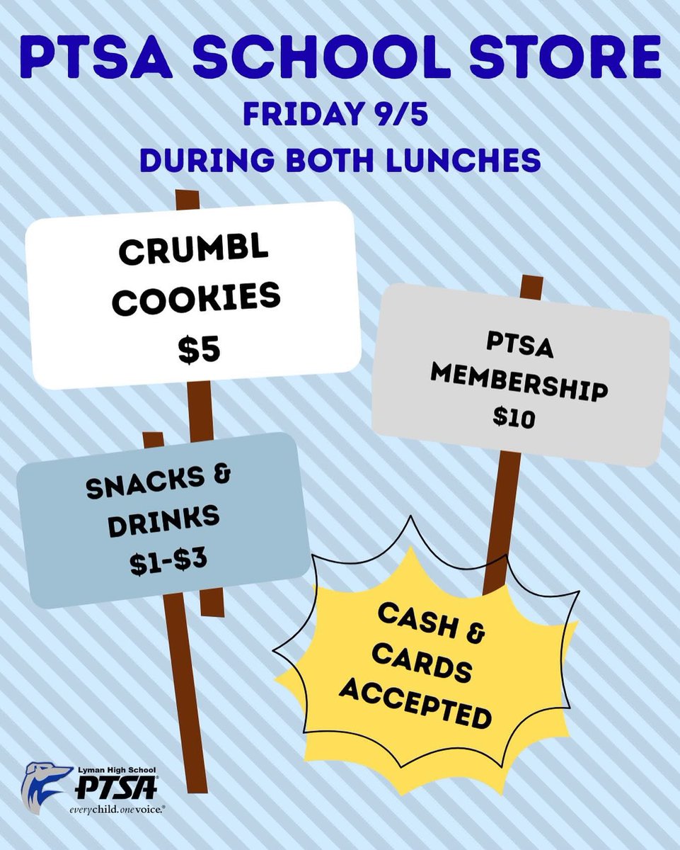 LymanPtsa's tweet photo. Let’s gooo! School store day is tomorrow! Come say hi, shop, join PTSA, get a Crumbl for $5 (while they last)! Remember @_lyman2027 all of your 2027 STUDENT MEMBERS get a free cookie if they join PTSA by tomorrow before school. Link to join in bio! https://t.co/HTh6e5pL0u