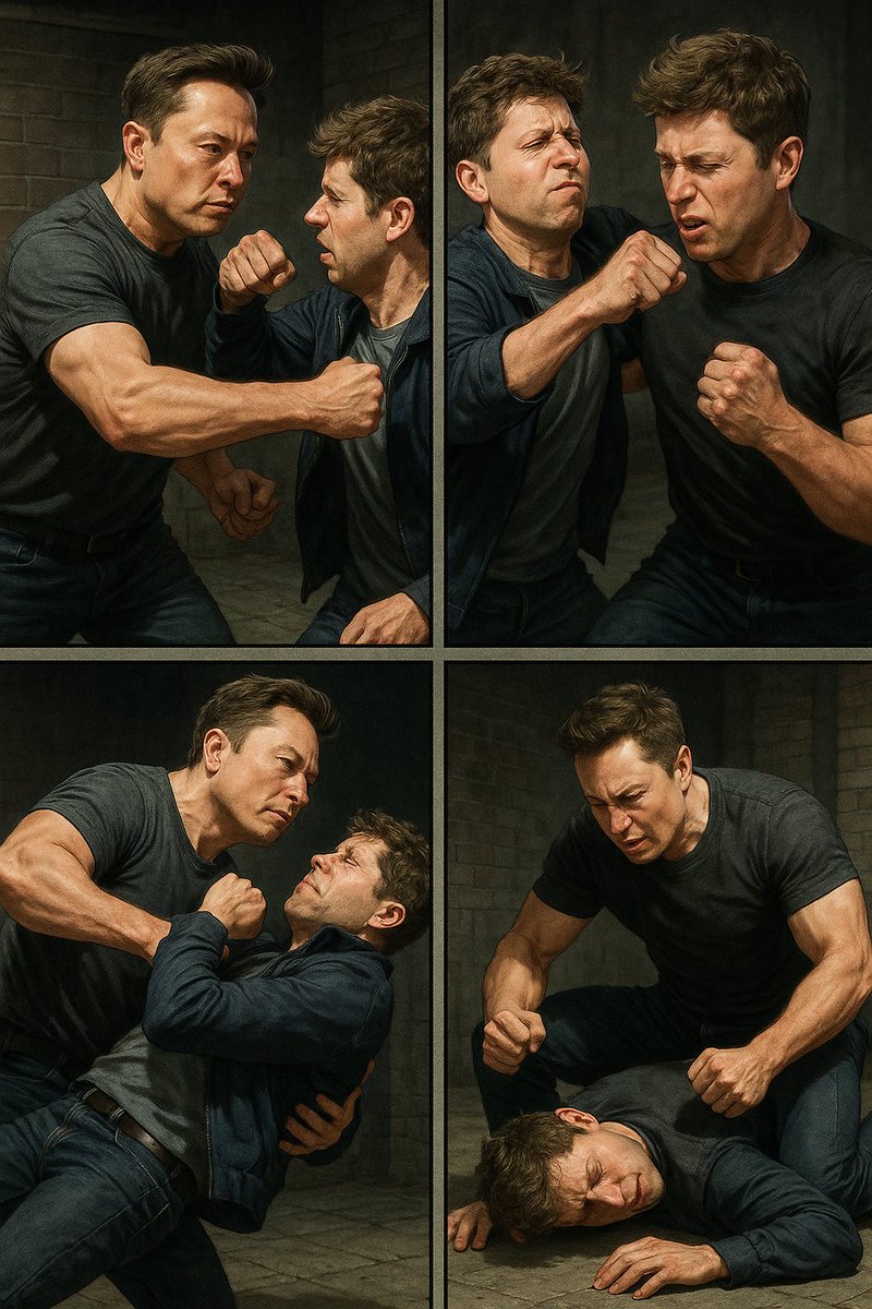 Ael95092792's tweet photo. 1... 2.... 3..... FIGHT CLUB !!!
Made with #GPT5 as weird as it look ^^
#Elon_Musk #Sam_Altman FIGHTOOO !!! https://t.co/zCkHeVmiod