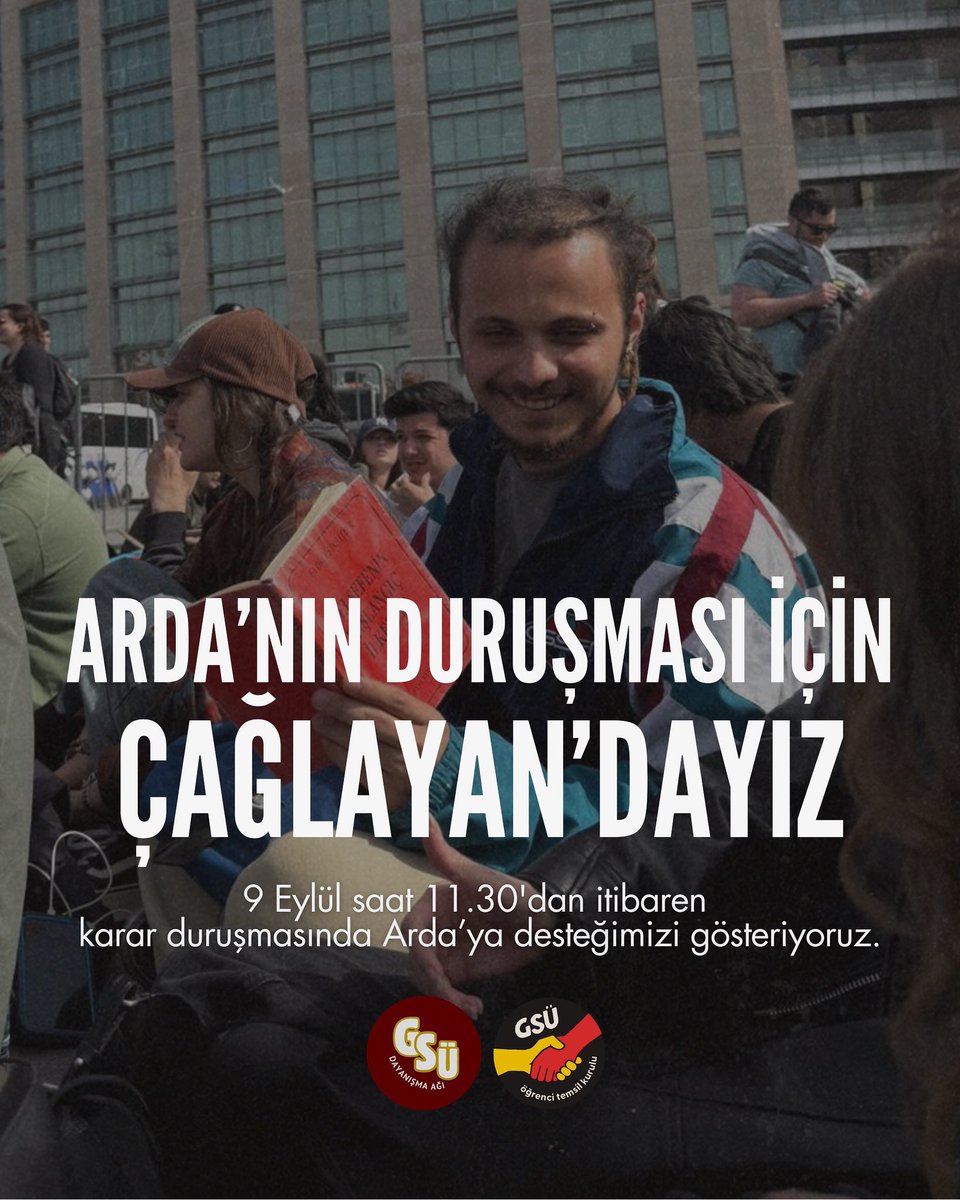 120 günü aşkın süredir ev hapsindeki sıra arkadaşımız Arda’nın duruşması için Çağlayan’dayız! 9 Eylül saat 11.30’dan itibaren karar duruşmasında Arda’ya desteğini göstermek üzere herkesi Çağlayan Adliyesi’ne çağırıyoruz.