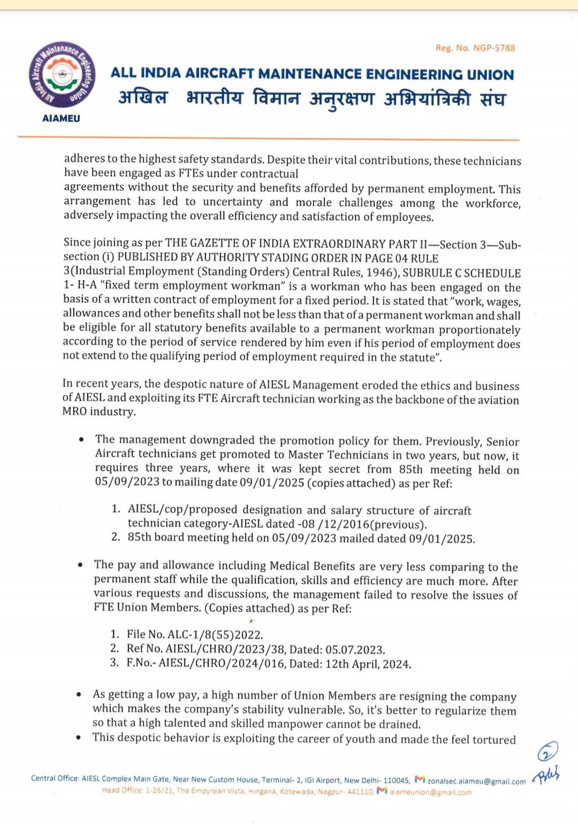 aiameunion's tweet image. &quot;Govt. Aviation PSU arm AI Engineering Services Limited&apos;s  Union declares nationwide strike starting 19th September demanding permanent employment for FTE employees.&quot;
#strike #aviation #aircraft 
#technicain #Engineering #AME 
#Moca