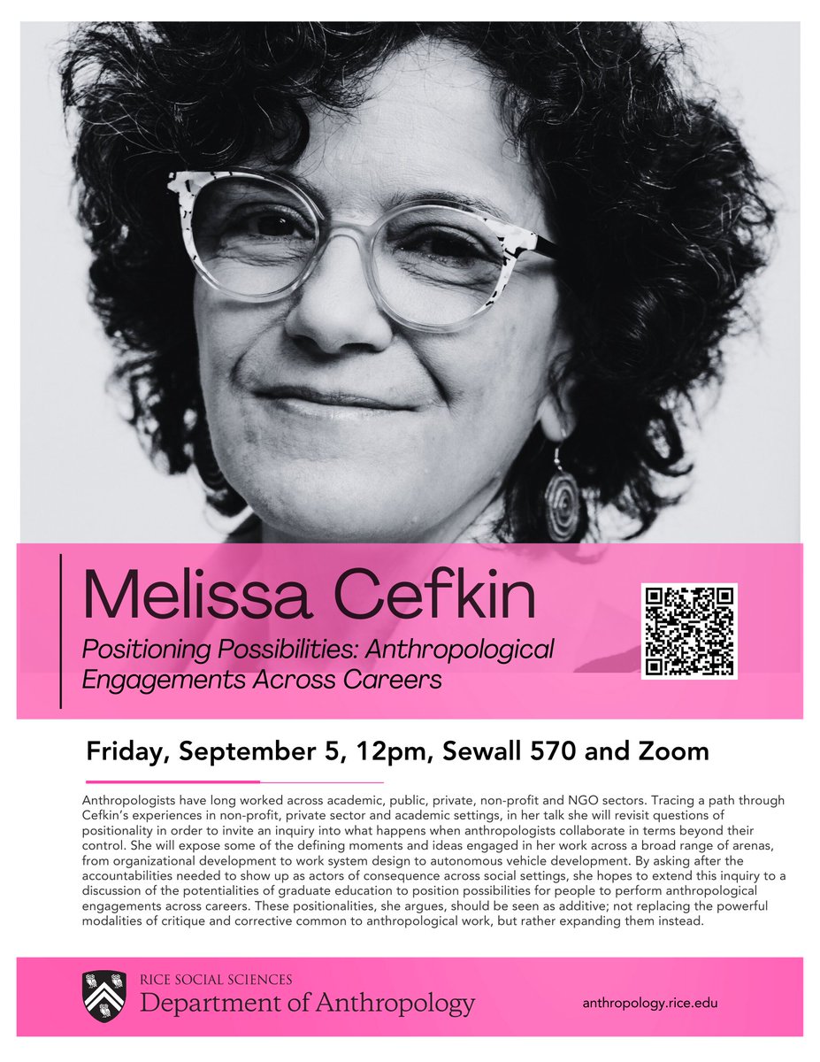 TOMORROW! ✨

JOIN THE RICE ANTHROPOLOGY DEPARTMENT FOR A BROWN BAG LECTURE WITH MELISSA CEFKIN