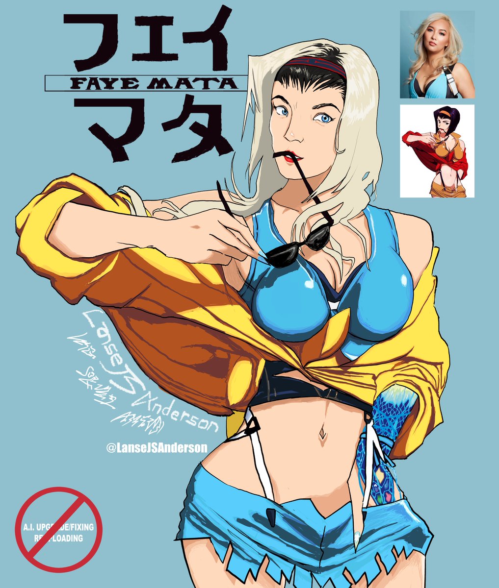 ART STUDY Session #3.1 
フェイ・マタ・ヴァレンタイン
<a href="/FayeMata/">Faye Mata 🩵</a> Valentine 
*added cowboy bebop font.
*this time with a blue background
#digitalart #illustration #art #fanart #cowboybebop