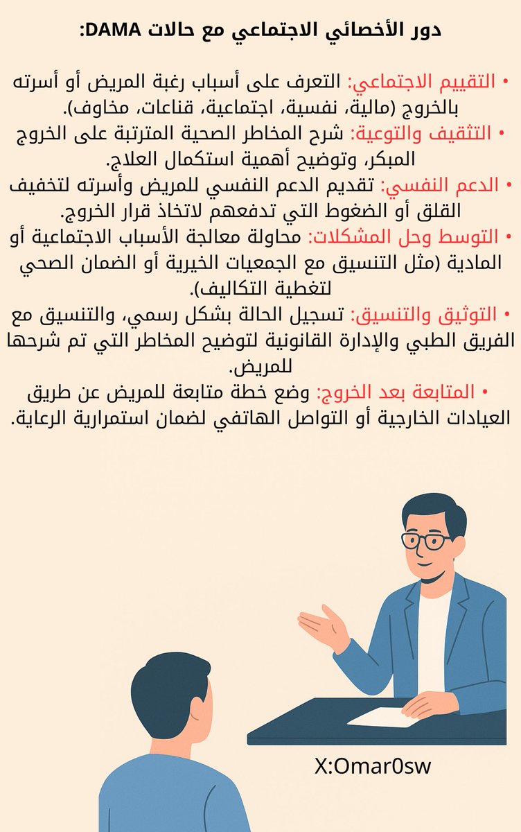 تعامل الاخصائي الاجتماعي مع حالات DAMA
الأخصائي هنا يلعب دور (المدافع عن المريض) وأيضًا (المحامي للمستشفى)، بحيث يحقق التوازن بين حق المريض في اتخاذ قراره وبين حماية صحته وتقليل تبعات الخروج المبكر.