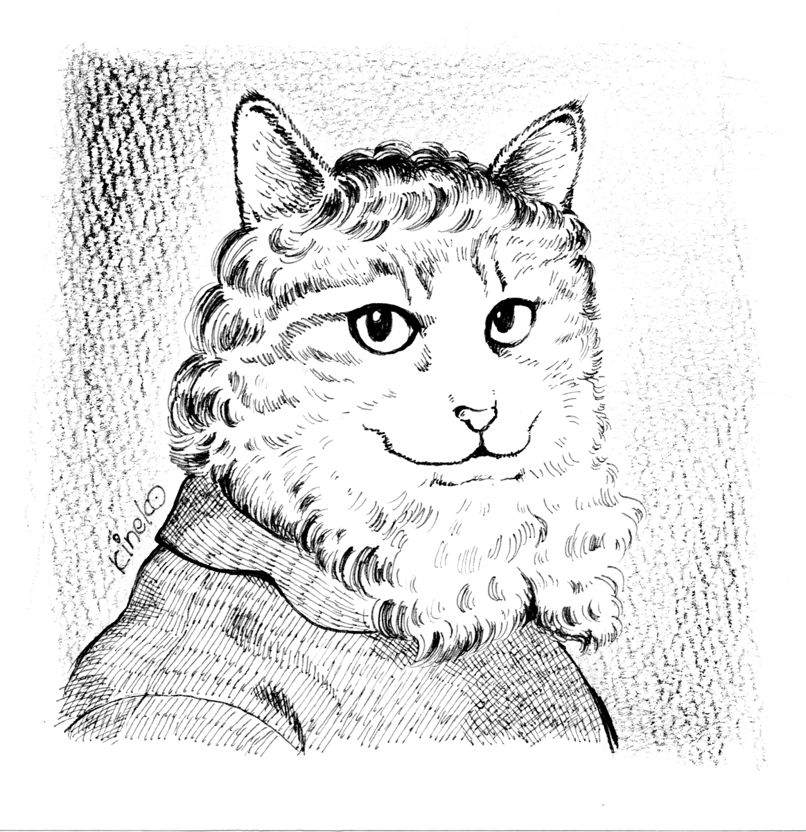 本日も新宿高島屋にて、ねこ展開催中でございます。猫と政宗はお持ち帰りでお迎え頂いたので、キネコの作品はこちらの「ミケニャンジェロ」のみの展示販売となっております。ルドン展でモノクロ世界に興奮した時期の絵なのでモノクロです。モデルは妹のうちの猫のダヴィンチくん。 