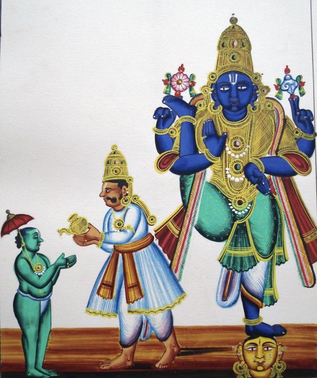 Happy VamanaJayanti &amp; Onam all!

Image: Beautiful 200 year old painting showing Vishnu as Trivikrama humbling &amp; then blessing demon king Mahabali.

Few verses from Sikh Guru Gobind Singh where he describes this episode (with my translation inline):
इह बिधि भूप अच्मभव लहा ॥