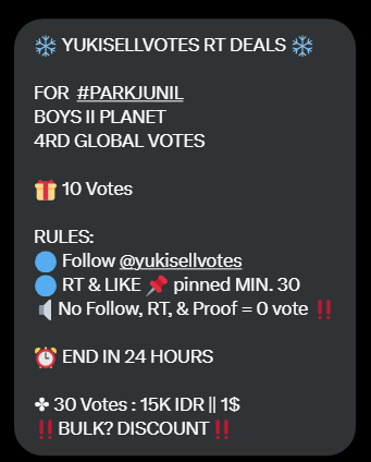 pjunilglobal's tweet photo. ❄️ YUKISELLVOTES RT DEALS ❄️

FOR  #PARKJUNIL   
BOYS II PLANET
4RD GLOBAL VOTES

🎁 10 Votes

RULES:
🔵 Follow @yukisellvotes
🔵 RT &amp;amp; LIKE 📌 pinned MIN. 30
🔈No Follow, RT, &amp;amp; Proof = 0 vote ‼️

⏰ END IN 24 HOURS

✤ 30 Votes : 15K IDR || 1$
‼️BULK? DISCOUNT‼️ https://t.co/L1WO5PpMNV