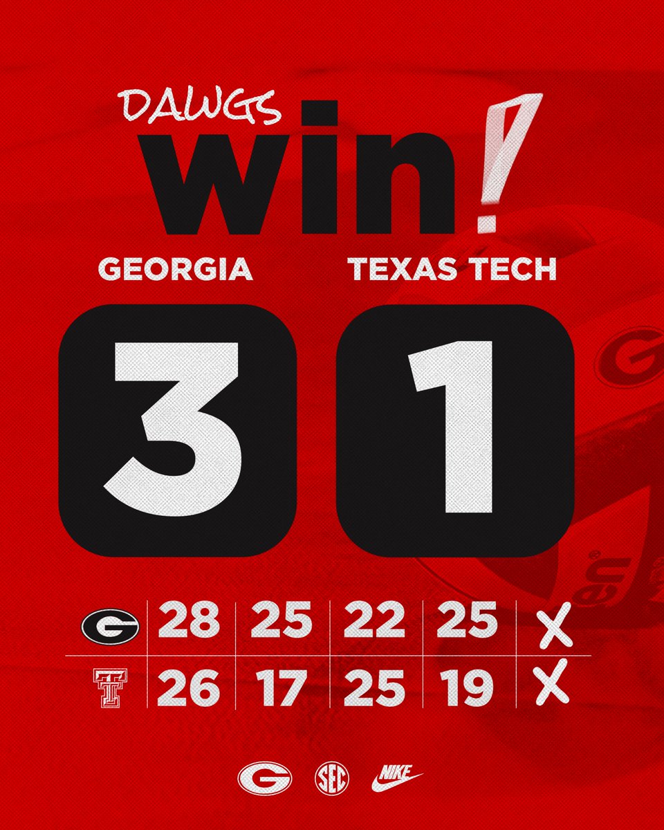 Ring the Bell 🐶🔛🔝

The Dawgs defeat Texas Tech in four sets at The Steg behind a double-double (20 kills, 10 digs) from Bianna Muoneke and 16 MK Patten kills! 

Georgia plays Duke on Friday at 4 p.m. to close out the Classic City Clash at Stegeman. 

#GROW | #GoDawgs