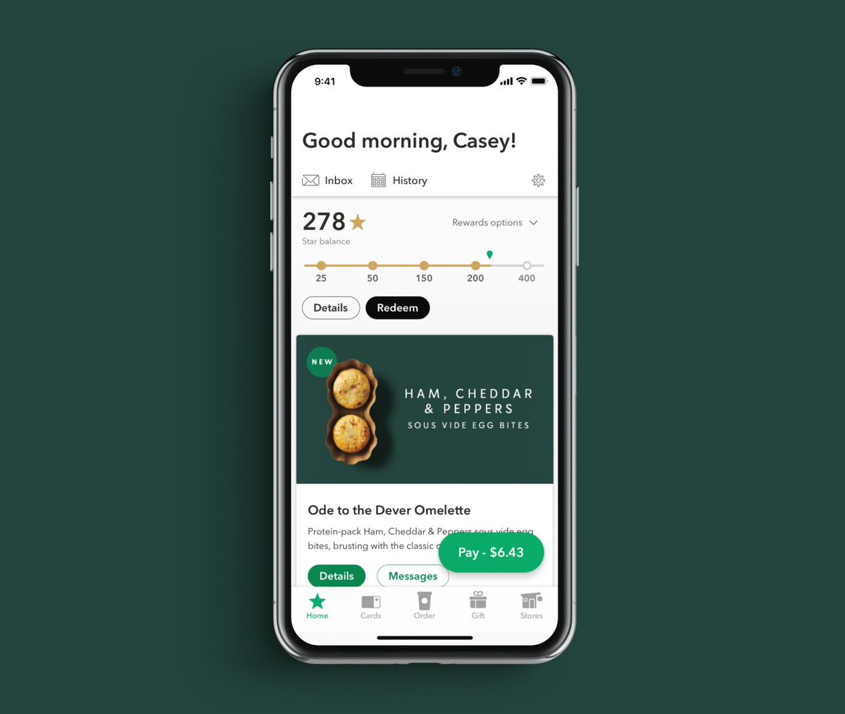 Screenshot of the Starbucks mobile app showing loyalty rewards and a personalized greeting