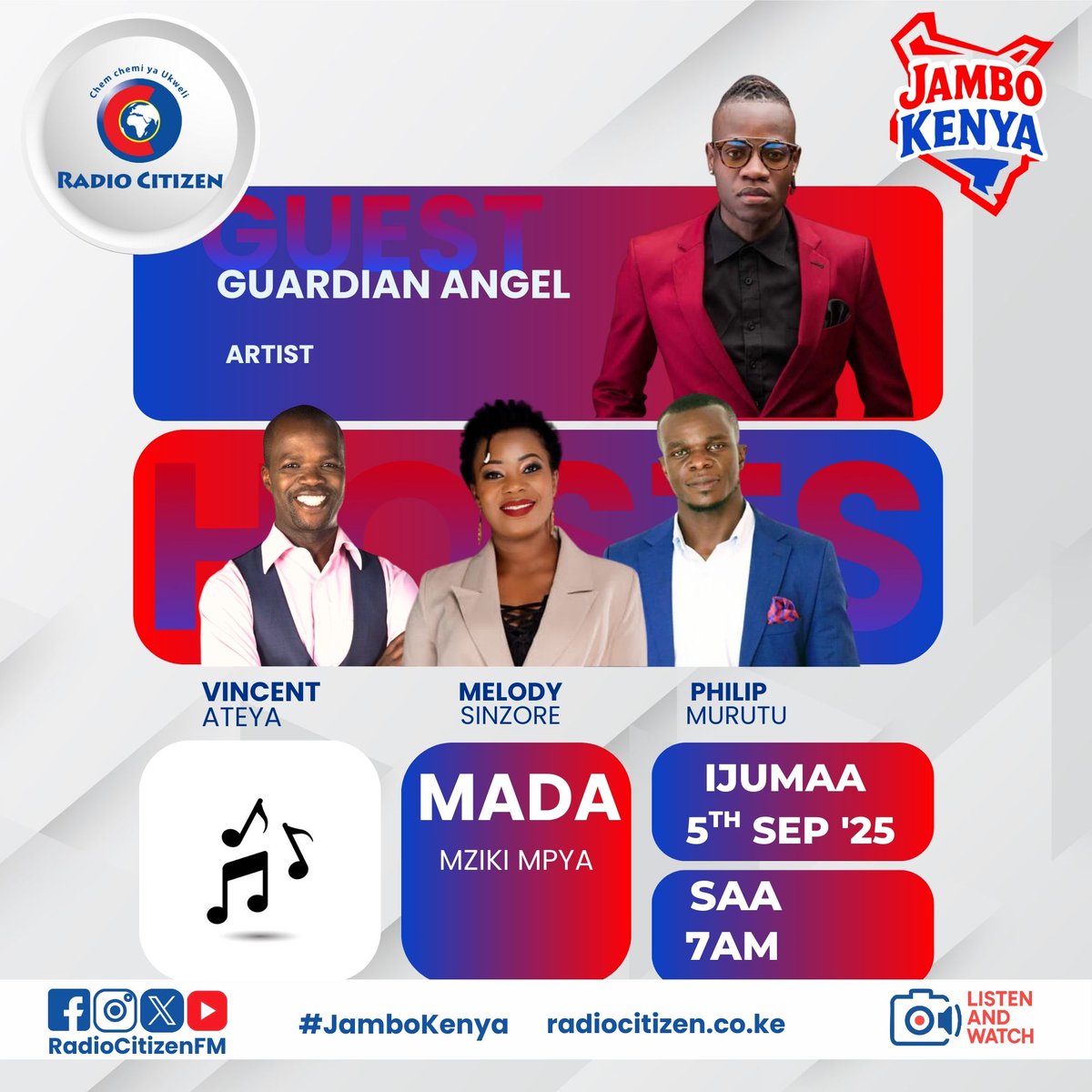 Mgeni wetu leo hii ndani ya #JamboKenya ni msanii wa injili Guardian Angel Global na atakua akizindua mziki wake mpya. Je, uko tayari kumsikiliza ? Una swali ambalo ungependa akujibu ?
<a href="/VincentAteya/">Vincent Ateya</a>  <a href="/MelodySinzore1/">MelodySinzore1</a> <a href="/Murutuphilip/">Philip Murutu</a> 

#JamboKenya 
#RadioNumberOne