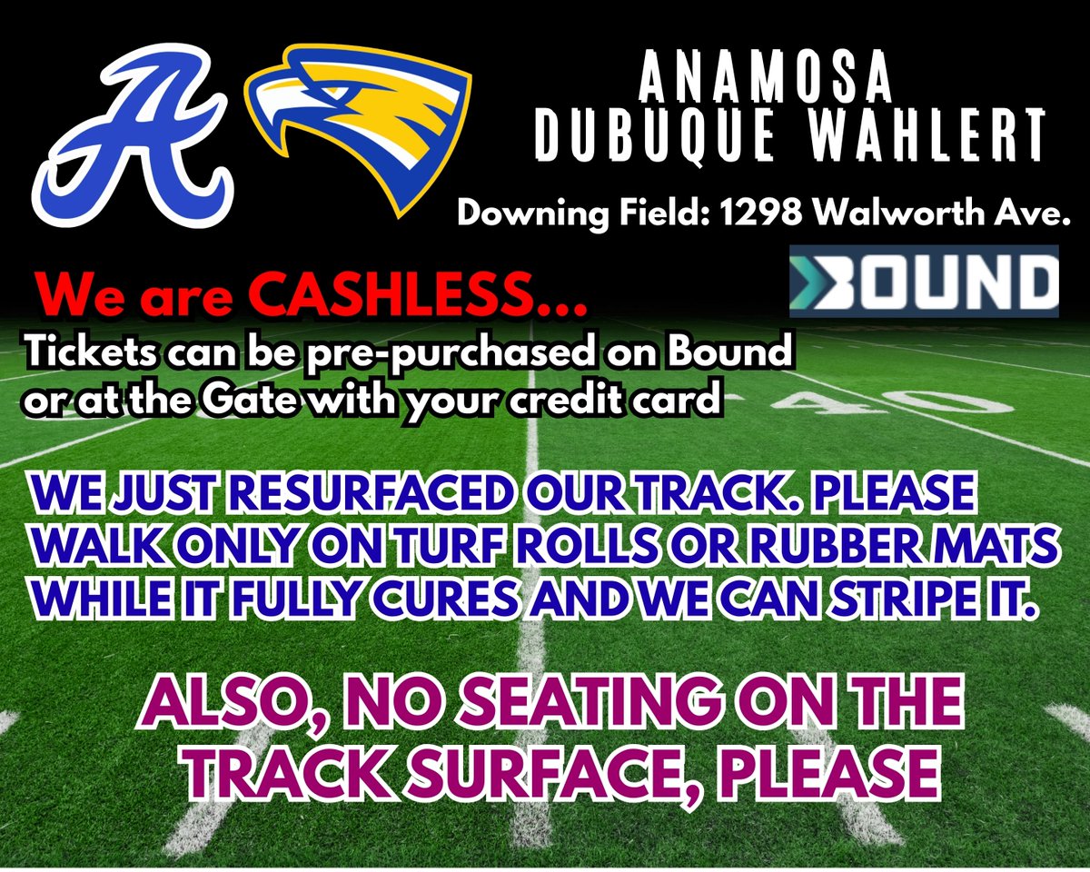 TrueBlueRaiders's tweet photo. Home Opener for Raider Football vs Dubuque Wahlert tomorrow. Fan Info... we are cashless at the gate so please pre-purchase or bring your credit card. We also we need your help by not going on our newly resurfaced track.  Thank You. @wchsfootball1 @AnamosaFootball https://t.co/vRYEzdUcHK