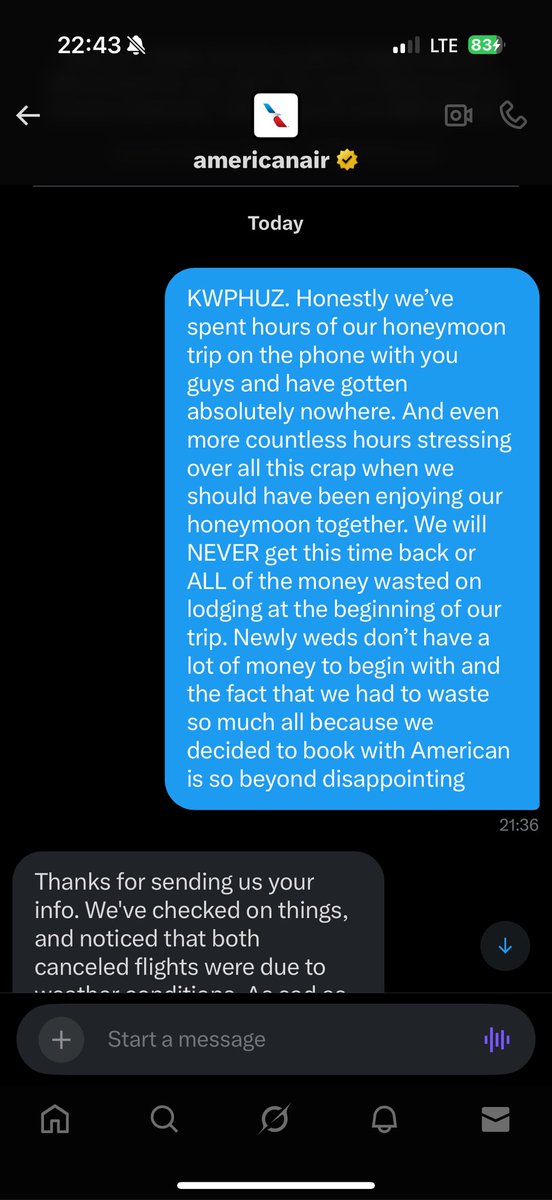 siehoggarth's tweet photo. Don’t fly @AmericanAir if you want reliable flights. It’s amazing how they’ll twist it and say it was “weather related” when they were on the intercoms saying we have no flight attendants/pilot. God forbid an airline take accountability https://t.co/RYDJSqJnuA