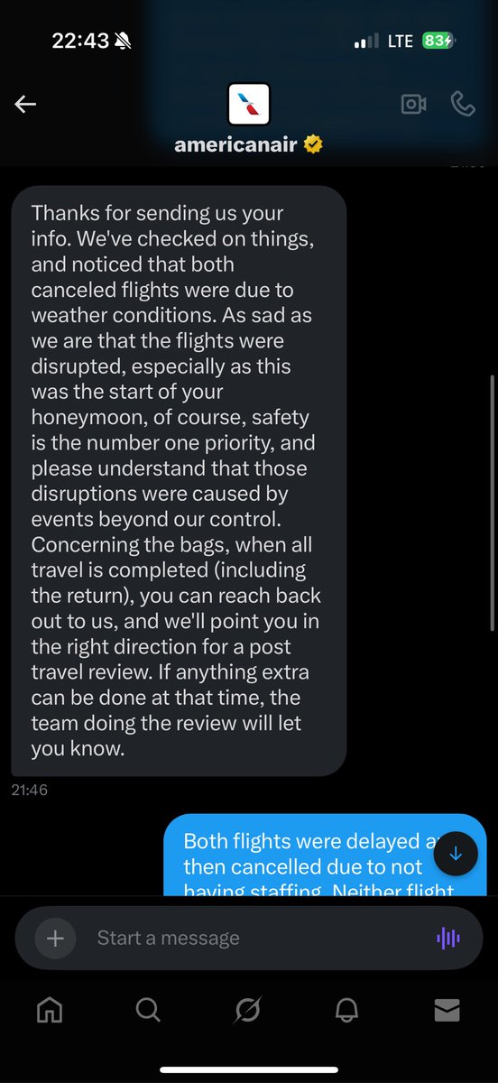 siehoggarth's tweet photo. Don’t fly @AmericanAir if you want reliable flights. It’s amazing how they’ll twist it and say it was “weather related” when they were on the intercoms saying we have no flight attendants/pilot. God forbid an airline take accountability https://t.co/RYDJSqJnuA