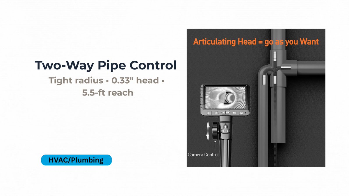 jewlery922's tweet image. Turn tight corners with confidence. This two-way articulating borescope (0.33" head, 5.5-ft probe, onboard screen) threads pipe junctions and ducts for fast, clear inspections.
Shop → amzn.to/41ENzPU
(Affiliate link – at no extra cost to you)
#Borescope #PipeInspection