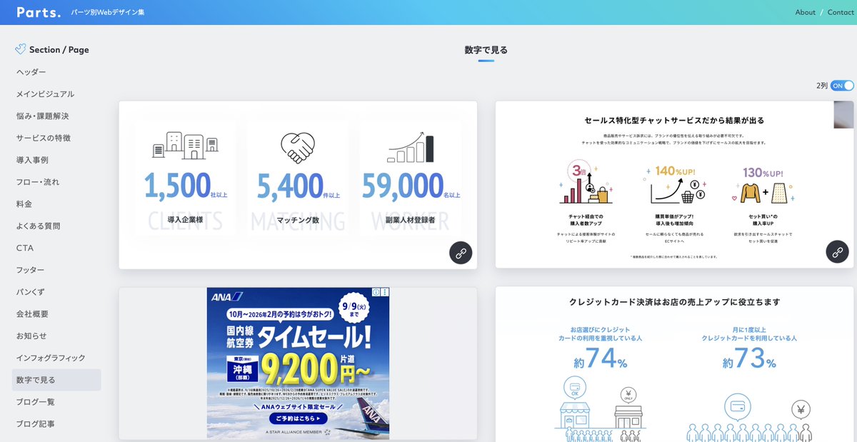 このサイトめちゃくちゃいいな。

サイトの参考ではなく、
小さい単位のパーツをまとめているパーツ参考サイト。

更にクリックを進めるとそのパーツを使用しているサイトの各パーツが見れる。
partsdesign.net