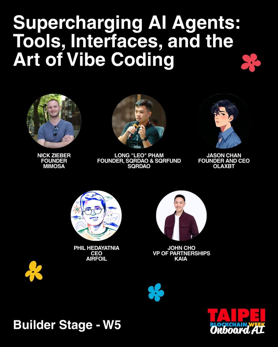 Builder Stage Panel Update:
Supercharging AI Agents: Tools, Interfaces, and the Art of Vibe Coding

Nick Zieber (<a href="/nzieber/">Nick Zieber</a>), Founder, Mimosa (<a href="/mimosavc/">Mimosa Vibe Coders</a>)
Long "Leo" Pham (<a href="/sqrdao_intern/">SQR Intern (daos/acc)</a>), Founder, sqrDAO &amp; sqrFUND, sqrDAO (<a href="/sqrDAO/">sqrDAO 🇻🇳 | Web3 Builders Unite!</a>)
Jason Chan (<a href="/web3_IceFire/">Mr. Ice Fire 😈</a>), Founder and CEO,