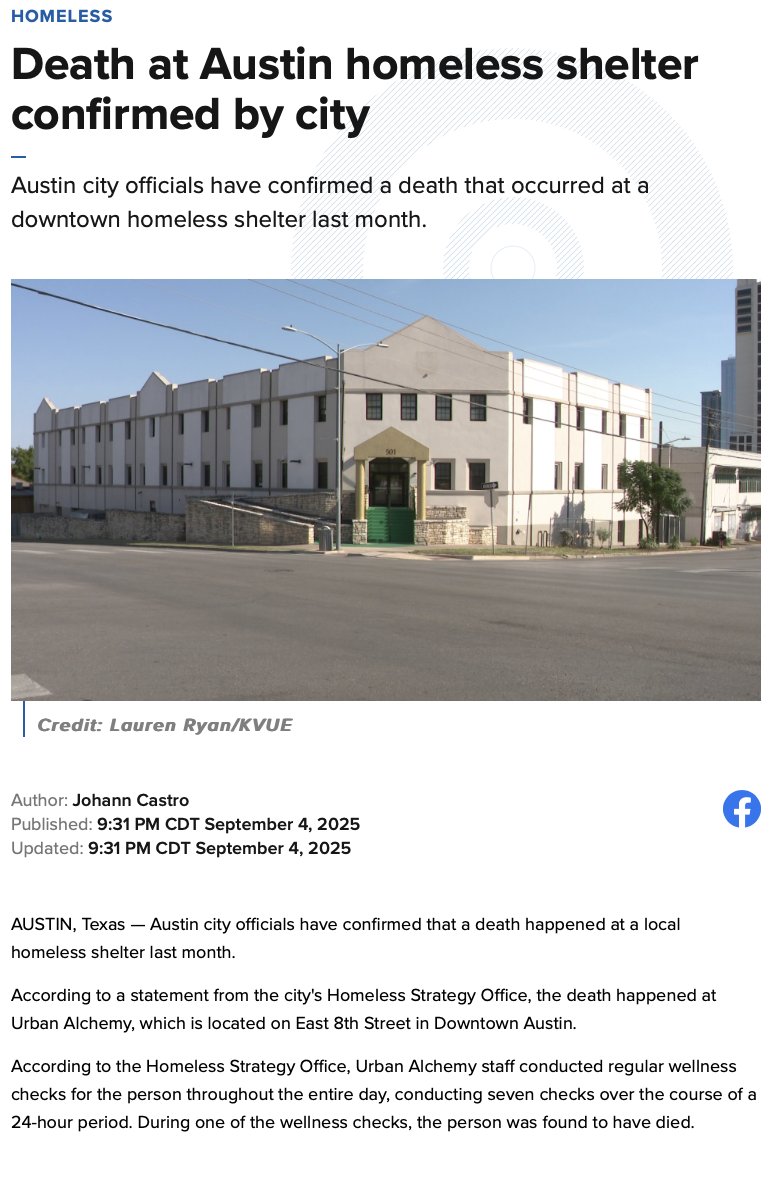 AustinAdvocate (@_austinadvocate) on Twitter photo 🚨UPDATE: Shameless local media exonerating Urban Alchemy and Homeless Services Department from a death at their shelter.
A nurse practitioner found the dead body the next day. The wellness checks and excuses stated in the article are a lie. Sadly, <a href="/KVUE/">KVUE News</a> and <a href="/thejohanncastro/">Johann Castro</a> 🚨UPDATE: Shameless local media exonerating Urban Alchemy and Homeless Services Department from a death at their shelter.
A nurse practitioner found the dead body the next day. The wellness checks and excuses stated in the article are a lie. Sadly, <a href="/KVUE/">KVUE News</a> and <a href="/thejohanncastro/">Johann Castro</a>