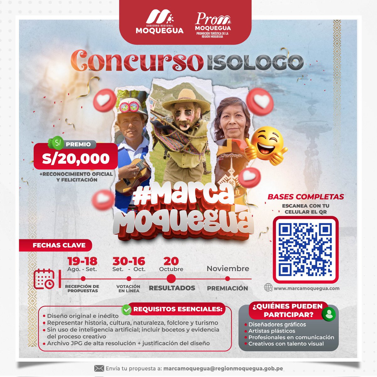 🎨 ¡Tú puedes parte del diseño del isologo de la Marca Moquegua!
Estamos buscando una imagen gráfica que refleje nuestra cultura, historia y riqueza productiva 🌄🍇⚒️
💰 Premio: S/. 20,000
🗓️ ¡Participa y deja huella en la identidad de nuestra región!
#MarcaMoquegua