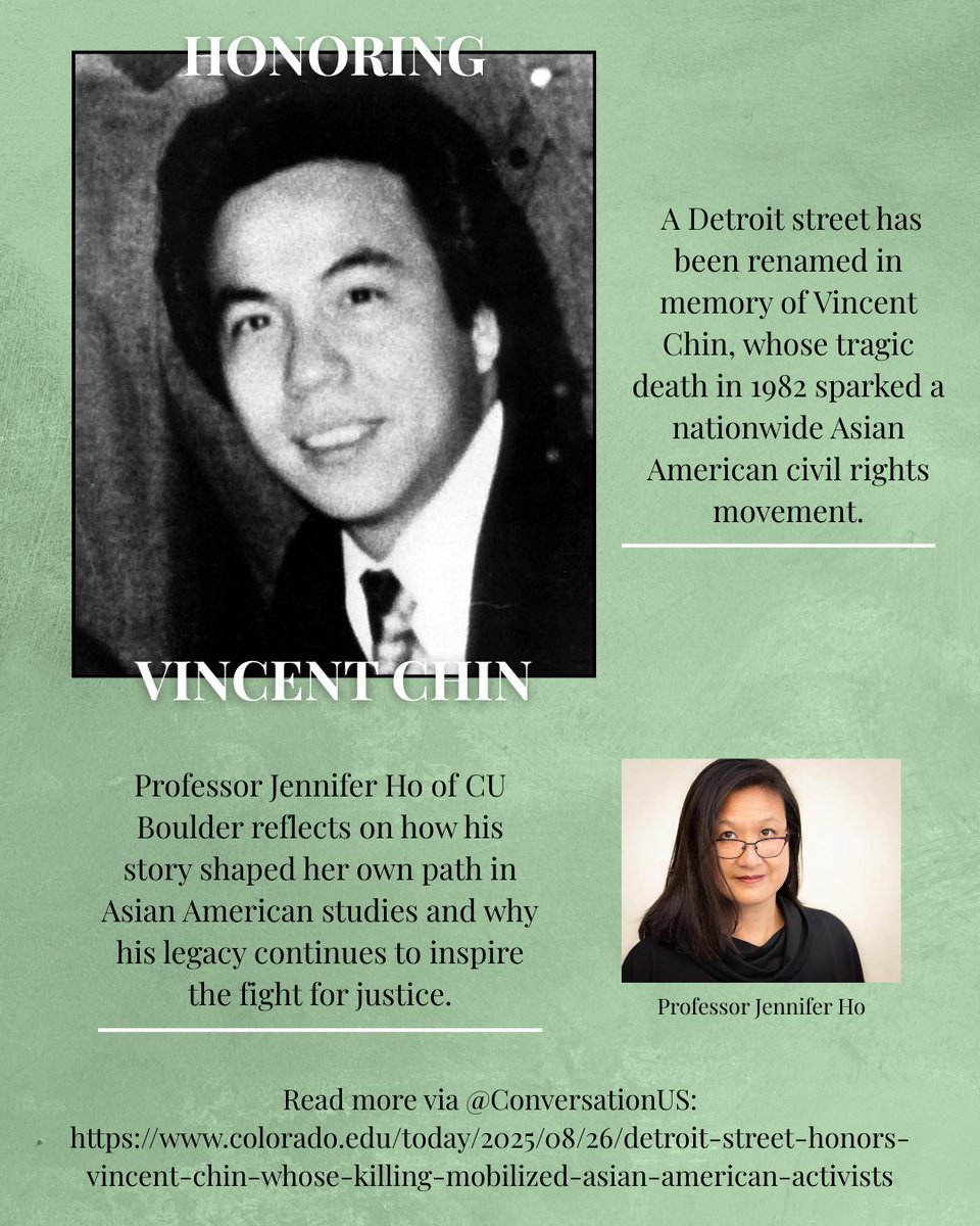 Vincent Chin is remembered by CU Professor Jennifer Ho, who emphasizes how his passing served as a turning point in Asian American history.

Read more here, <a href="/ConversationUS/">The Conversation U.S.</a>: colorado.edu/today/2025/08/…

#VincentChin #AsianAmericanHistory #SocialJustice #CivilRights