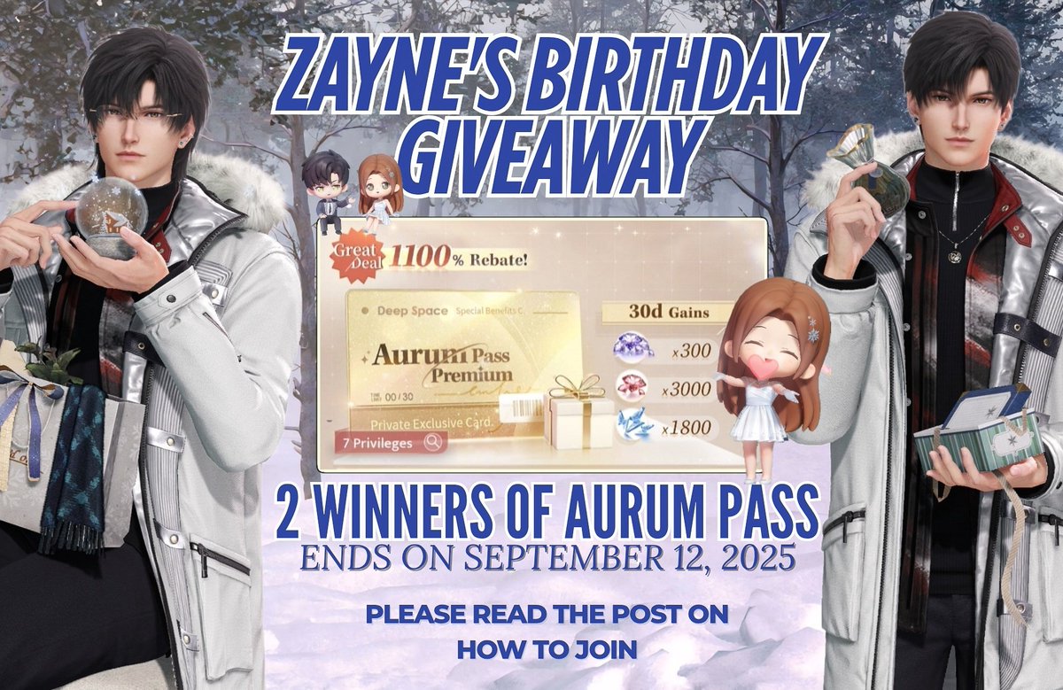 vezzi ❄️ prioritizing her peace (@vezzishin) on Twitter photo ☃️ ZAYNE'S BIRTHDAY GIVEAWAY ❄️
2 AURUM PASS WINNERS
How to join:
- Like & Repost this giveaway post
- Follow <a href="/vezzishin/">vezzi ❄️ j ♡ #zaynetember</a>
- Comment your most favorite Zayne photo!
Ends in September 12, 2025. 8PM GMT+8
Please be comfortable to share your Hunter ID
Goodluck, everyone! 🍀 ☃️ ZAYNE'S BIRTHDAY GIVEAWAY ❄️
2 AURUM PASS WINNERS
How to join:
- Like & Repost this giveaway post
- Follow <a href="/vezzishin/">vezzi ❄️ j ♡ #zaynetember</a>
- Comment your most favorite Zayne photo!
Ends in September 12, 2025. 8PM GMT+8
Please be comfortable to share your Hunter ID
Goodluck, everyone! 🍀