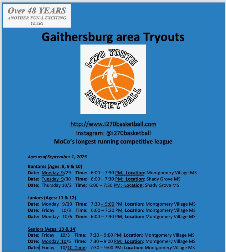 Attention all above age groups in the GBurg area, come out and try out for GBurg I-270 Youth 🏀 on the above dates at the above locations. Contact GBurg I-270 Director, as well as GBurg HS Boys 🏀 AC, Mark Simmons at jhared01@yahoo.com with any questions #TheBurg <a href="/I270_Basketball/">I-270 Basketball</a>