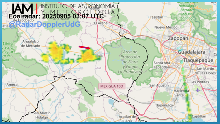 RadarDopplerUdG's tweet photo. Continúan registrándose ecos de #lluvia moderada en #Tehuchitlan y #Tala, con dirección hacia La Primavera. Continua la vigilancia meteorológica. https://t.co/NeA69a9ghX