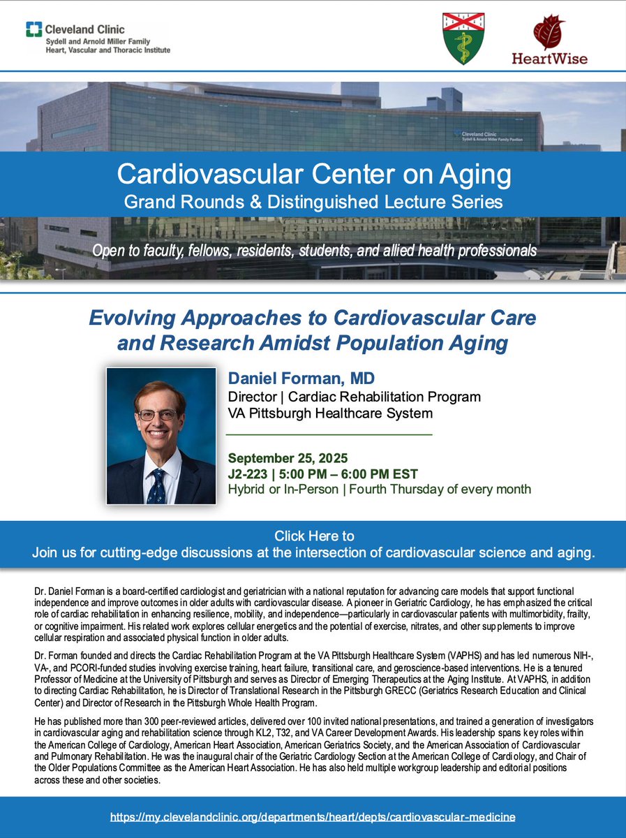 Heartwise Research Group (@heartwiselab) on Twitter photo π Weβre launching the Cardiovascular Center on Aging + <a href="/heartwiselab/">HeartWise Lab</a> Grand Rounds & Distinguished Lecture Series! <a href="/MichaelGNanna/">Michael Nanna</a> <a href="/DrDamluji/">Abdulla A. Damluji, MD, PhD</a>
π
Sept 25, 5β6 PM ET
π Cleveland Clinic & Microsoft Teams
ποΈ Daniel E. Forman, MD
Join us πlinkedin.com/feed/update/urβ¦ π Weβre launching the Cardiovascular Center on Aging + <a href="/heartwiselab/">HeartWise Lab</a> Grand Rounds & Distinguished Lecture Series! <a href="/MichaelGNanna/">Michael Nanna</a> <a href="/DrDamluji/">Abdulla A. Damluji, MD, PhD</a>
π
Sept 25, 5β6 PM ET
π Cleveland Clinic & Microsoft Teams
ποΈ Daniel E. Forman, MD
Join us πlinkedin.com/feed/update/urβ¦