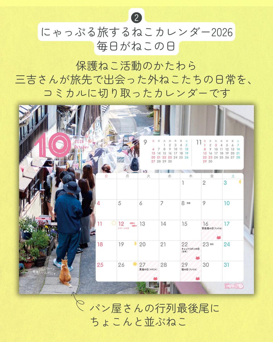 mapple_nyapple_'s tweet photo. にゃっぷる 旅するねこカレンダー2026 卓上版「毎日がねこの日」
写真家の三吉さんが、保護ねこ活動のかたわら旅先で出会った外ねこたちの日常を、コミカルに切り取りニャす！

amazon
https://t.co/lWwayMlqX4
楽天ブックス
https://t.co/gLbzn4u2S5 https://t.co/lgUHlImEFT