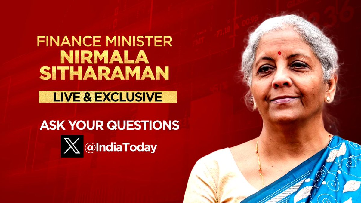 IndiaToday's tweet image. Have a question for the Finance Minister?
Nirmala Sitharaman will join us for an #ExclusiveInterview.
Post your questions in the comments below.
#GST #GSTCouncilMeet