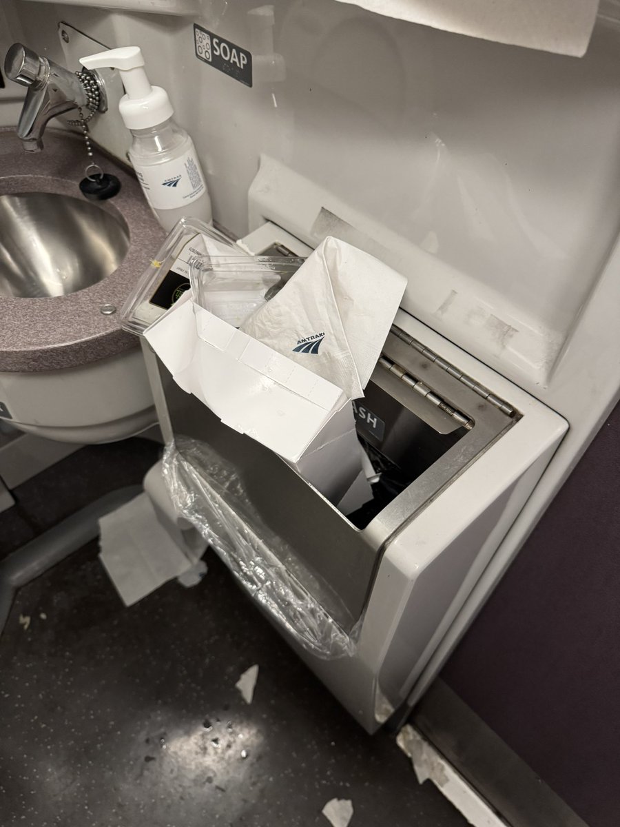 singersteve's tweet photo. Hey @AmtrakNECAlerts train 67 11:23 pm from Penn station is full of garbage. Business class seat backs, bathroom. Horrible. https://t.co/gZIdSgQNx6