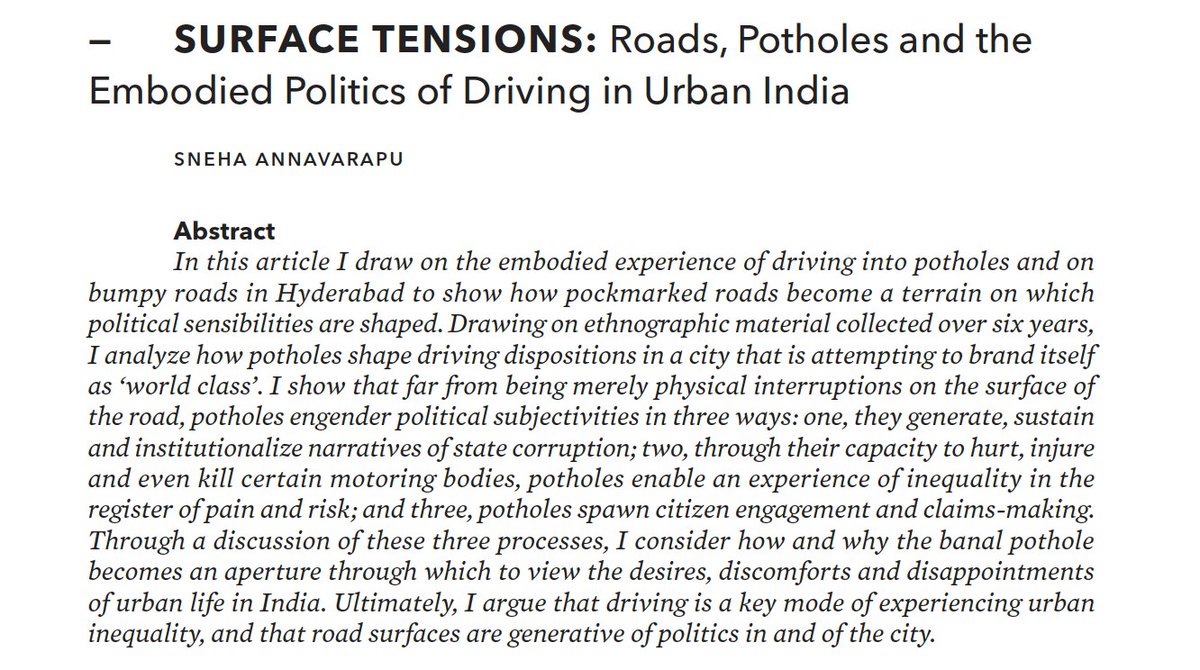 Sneha Annavarapu (@snehaannavarapu) on Twitter photo What does a sociologist have to say about potholes?! :) ๐บ๐๏ธ๐ณ๏ธ
Delighted to share my latest writing, out in <a href="/IJURResearch/">IJURR.org</a>, in which I write about pesky potholes and bumpy rides in Hyderabad, India. Long in the works, this article is open access, yay: onlinelibrary.wiley.com/doi/10.1111/14โฆ What does a sociologist have to say about potholes?! :) ๐บ๐๏ธ๐ณ๏ธ
Delighted to share my latest writing, out in <a href="/IJURResearch/">IJURR.org</a>, in which I write about pesky potholes and bumpy rides in Hyderabad, India. Long in the works, this article is open access, yay: onlinelibrary.wiley.com/doi/10.1111/14โฆ