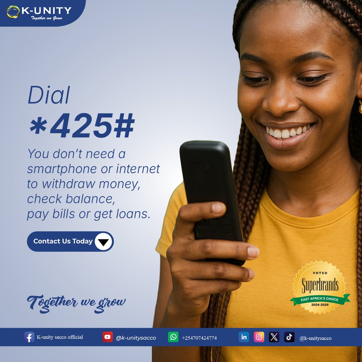 Kunitysacco's tweet photo. Kwa watu wa katululu, we got you. No smartphone? No stress! Dial *425# and access your money anytime, anywhere. No internet needed.
#KUnity #FinanceMadeEasy #TogetherWeGrow https://t.co/ri52yx0JHM