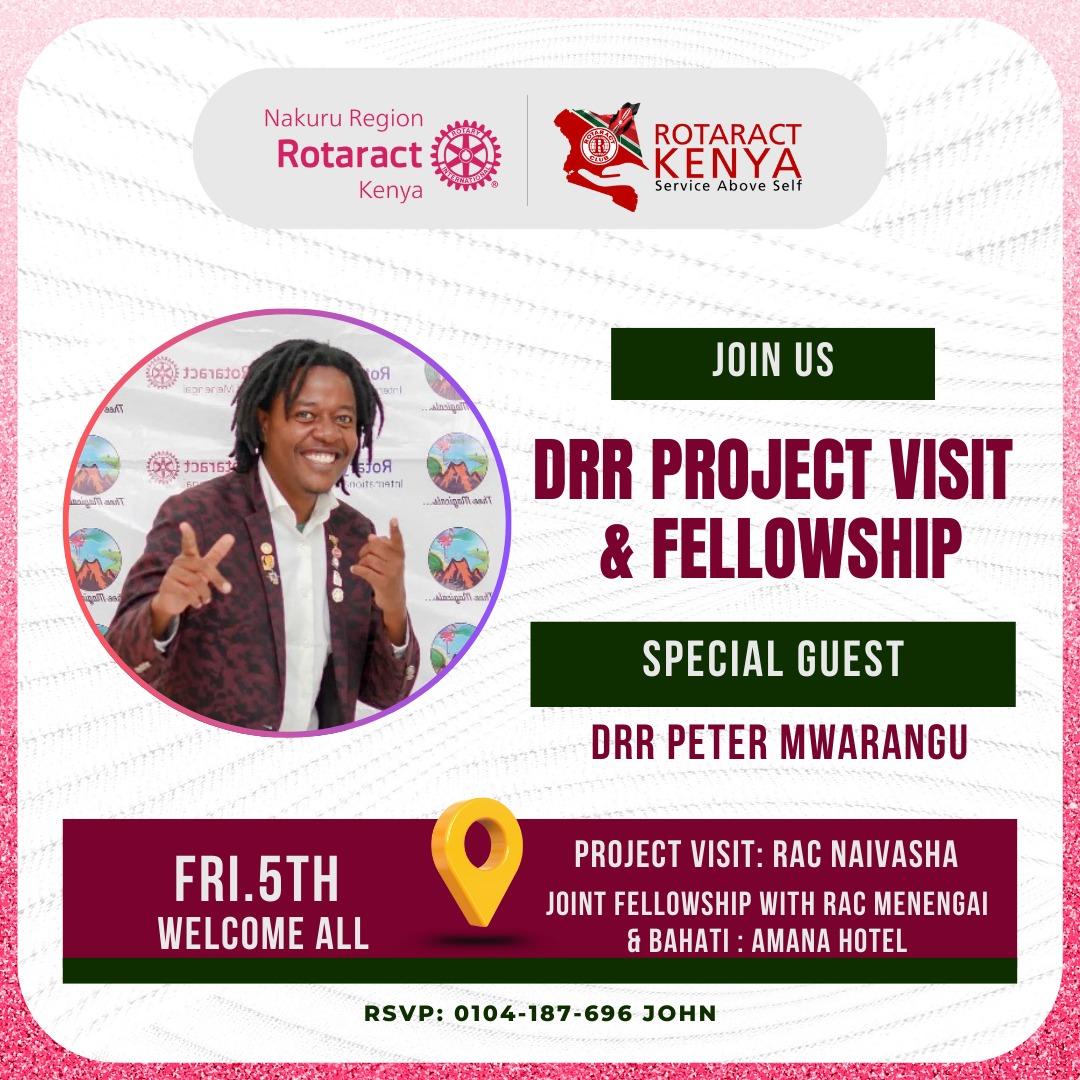 Fellowship Alert! 🌟
This Fri 5th, join us for a DRR Project Visit @ RAC Naivasha &amp; Joint Fellowship with RAC Menengai &amp; Bahati @ Amana Hotel. 🙌✨ Network, learn &amp; celebrate Service Above Self! 💙💫
#Rotaract #NakuruRegion #Fellowship #ServiceAboveSelf