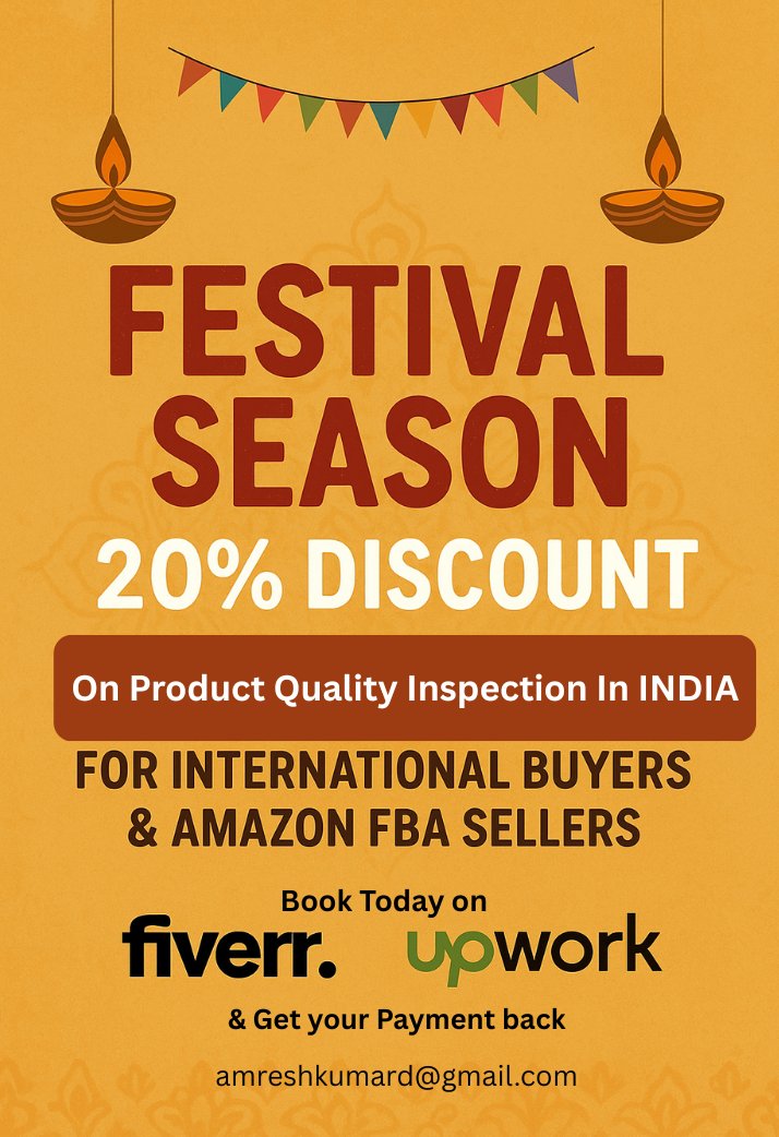 Amreshkdas's tweet photo. 🎉 Festival Special:20% OFF on Product Quality Inspection in INDIA! ISO 9001 certified QC for garments,Softlines,toys &amp; hardlines. Limited offer till Nov end. Book now on Fiverr/Upwork👇
Fiverr : https://t.co/EQYicr4QLQ
Upwork : https://t.co/SWPGnMNWdI
&amp; Get your payment back. https://t.co/EKq8xv4bwI