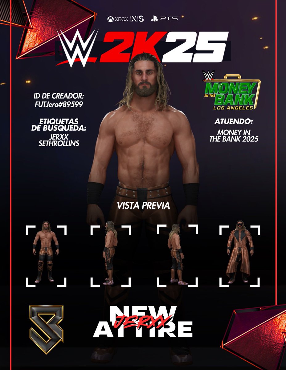 Jerxx_07's tweet image. NEW UPLOAD ON COMUNITY CREATIONS‼️
Download @WWERollins attire #MITB & #RawOnNetflix now available on #WWE2K25 on PS5 & Xbox Series X|S.
#WWERaw #SmackDown #WWENXT #WWESpeed #LuchaLibreAAA