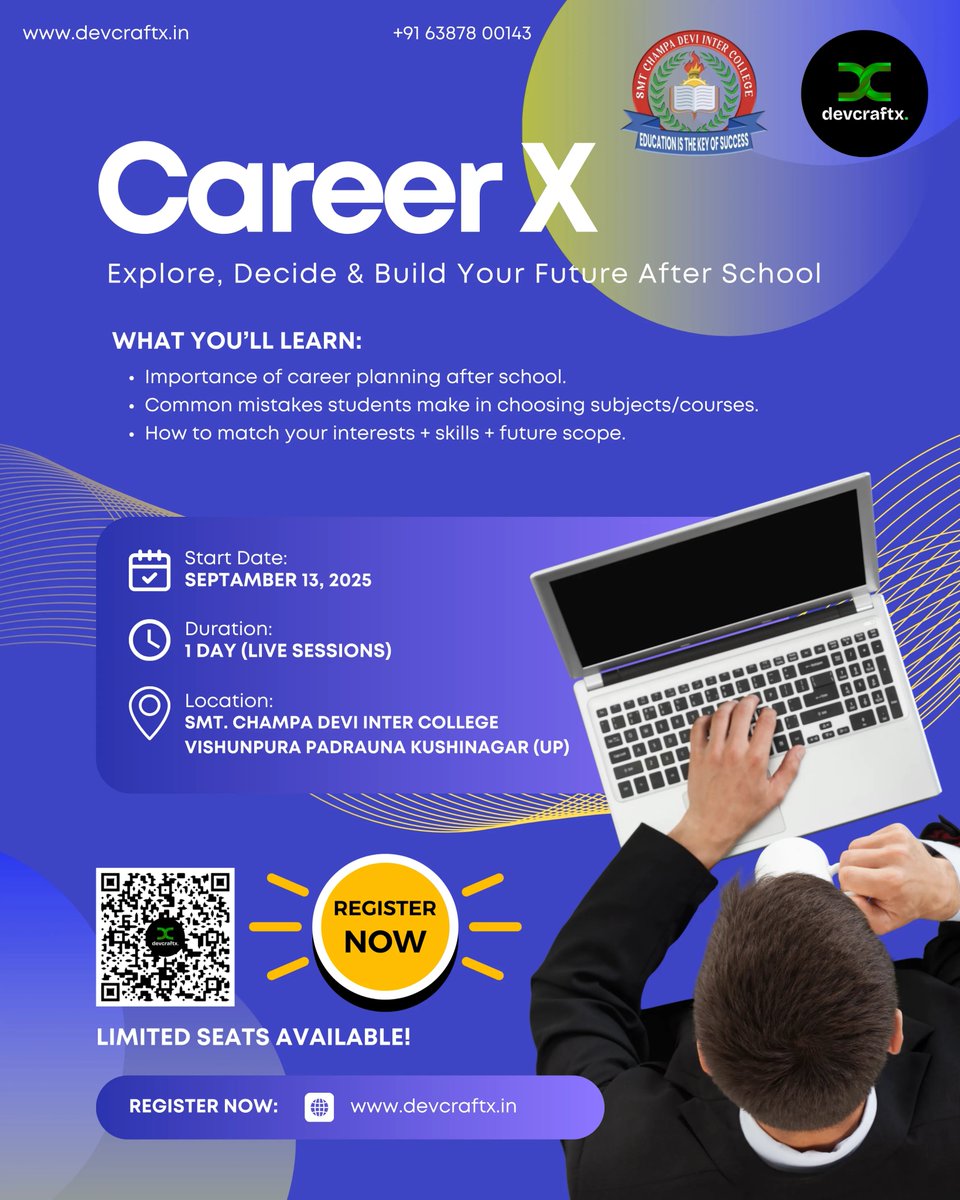 devcraftX's tweet photo. Career X: Explore, Decide &amp; Build Your Future After School

Registration  - https://t.co/FqXyec9xx3

Let’s unlock opportunities together and inspire young minds to dream bigger!

#CareerX #devcraftxsuccess #careerguidance #afterschool #futureskills #StudentDevelopment #devcraftx https://t.co/qqhLOOK125