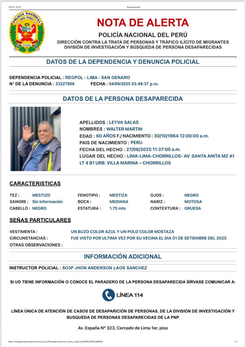 danitzaleyva's tweet image. 🔴 PERSONA DESAPARECIDA 🔴

Mi hermano WALTER MARTÍN LEYVA SALAS desapareció. Fue visto por última vez en Chorrillos. 

Cualquier información al 986370088 o 959 207 616. 

Valoraría mucho un RT.