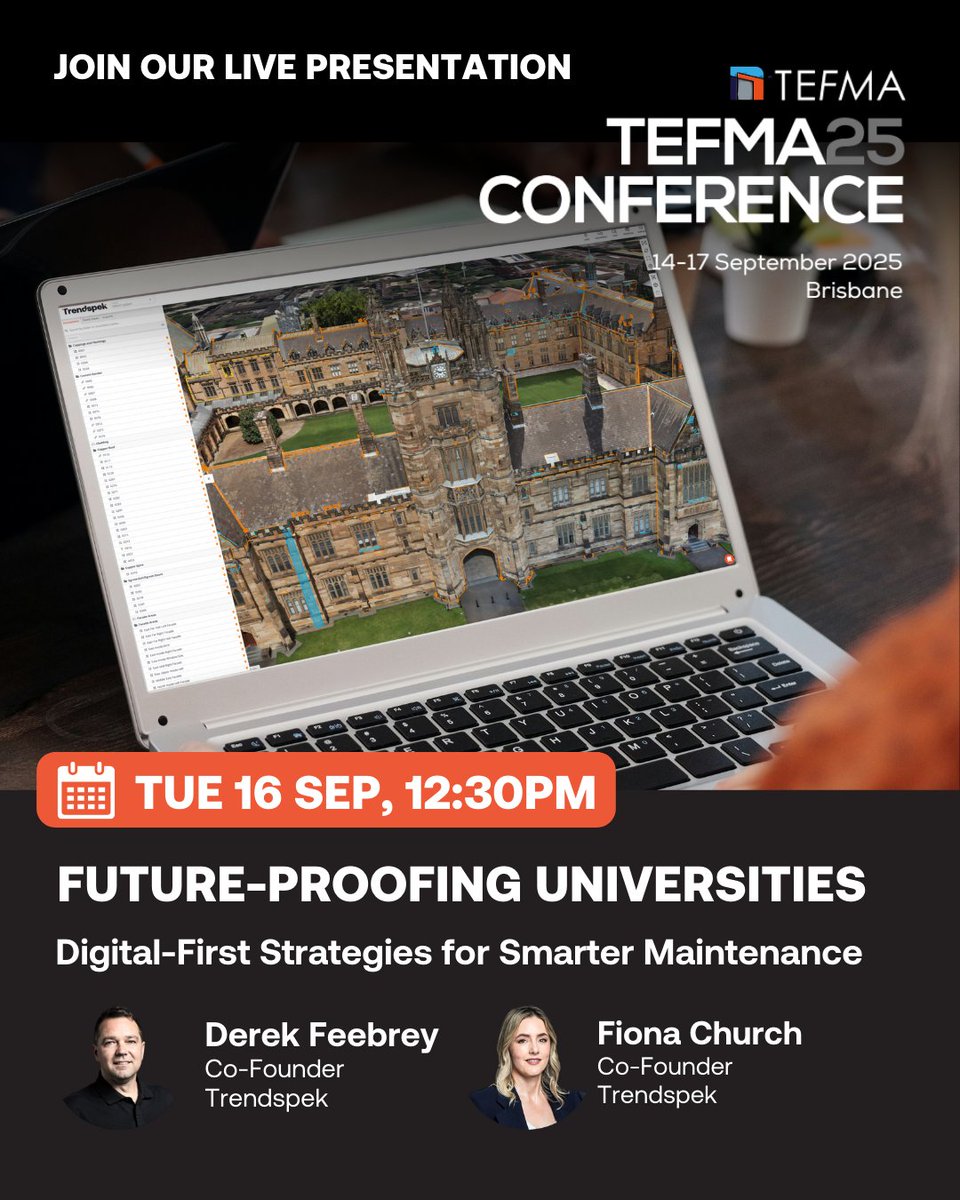 trendspek's tweet photo. 📆The @trendspek team are looking forward to presenting at the TEFMA25 Conference, 14-17 September.

Our co-founders will share how #GroupofEight Universities are future-proofing campuses with centralised 3D data and digital reporting. 

Let us know if you’re attending!

#TEFMA25 https://t.co/h4Bp0z2ZnW