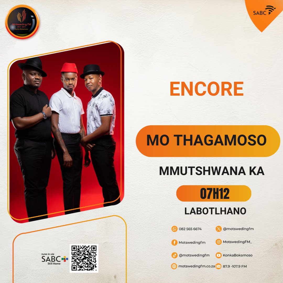 motswedingfm's tweet photo. #Thagamoso le @DMOS_SA, @Selloane_Sebalo, @Oatile90 botlhagisi ka @djessence_k
 
☎️: 082 565 6674

🖥️: https://t.co/bpXxNNGEmG

SABC +: https://t.co/m3YZ9Vske3

#MotswedingFM https://t.co/xGSbVaV7w2