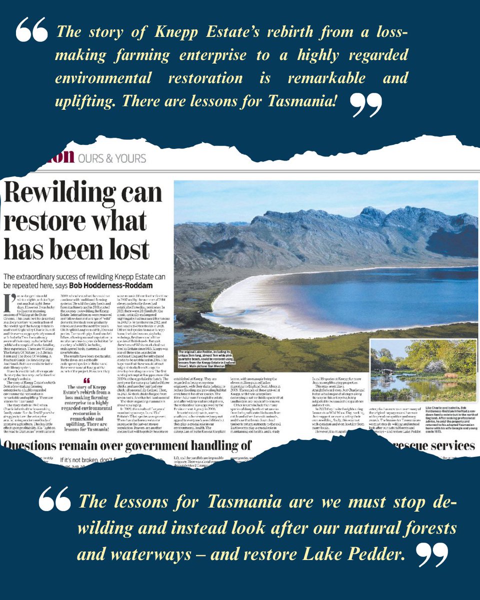 “Rewilding can restore what has been Lost” writes Bob Hodderness-Roddam.
The benefits of ecosystem restoration in the context of agriculture lends lessons to the potential for large-scale ecosystem restoration of Lake Pedder and SW Lutruwita. 
<a href="/MurrayWatt/">Senator Murray Watt</a> will you listen?