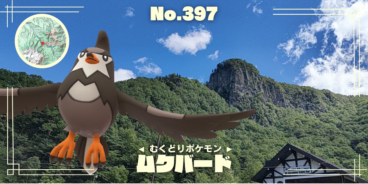 No.397 ムクバード
森や草原に生息する。
群れで行動する習性で、群れ同士が遭遇すると喧嘩が始まる。

発見した場所：テンガン山 山麓 渓谷エリア
#ポケモン #ポケモンGO #GOsnapshot 
#リアルシンオウ図鑑