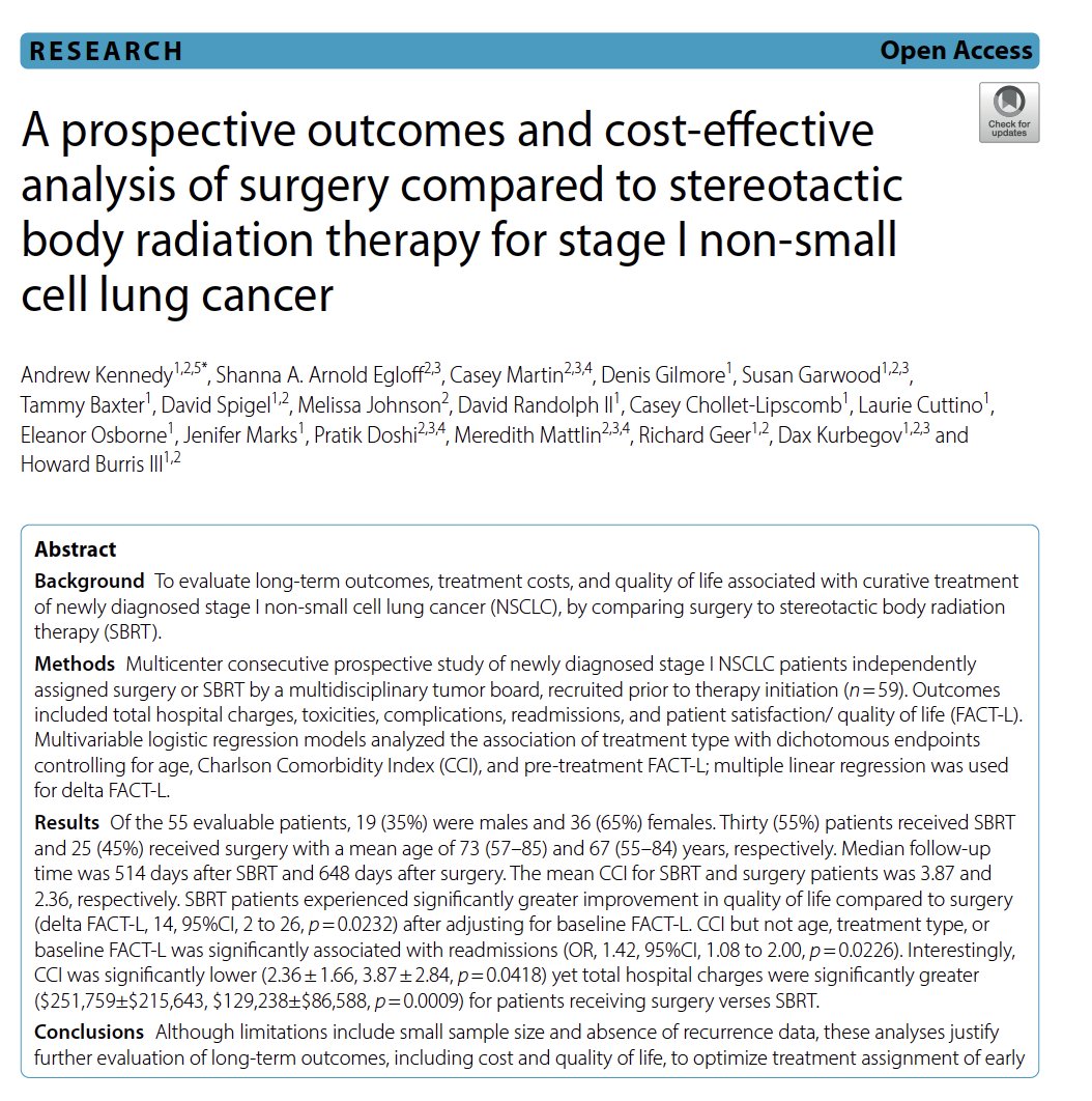 A new publication shows SBRT is more cost-effective, with a greater improvement in quality of life than surgery for stage I NSCLC. As usual, there are caveats with the analyses. ro-journal.biomedcentral.com/articles/10.11…