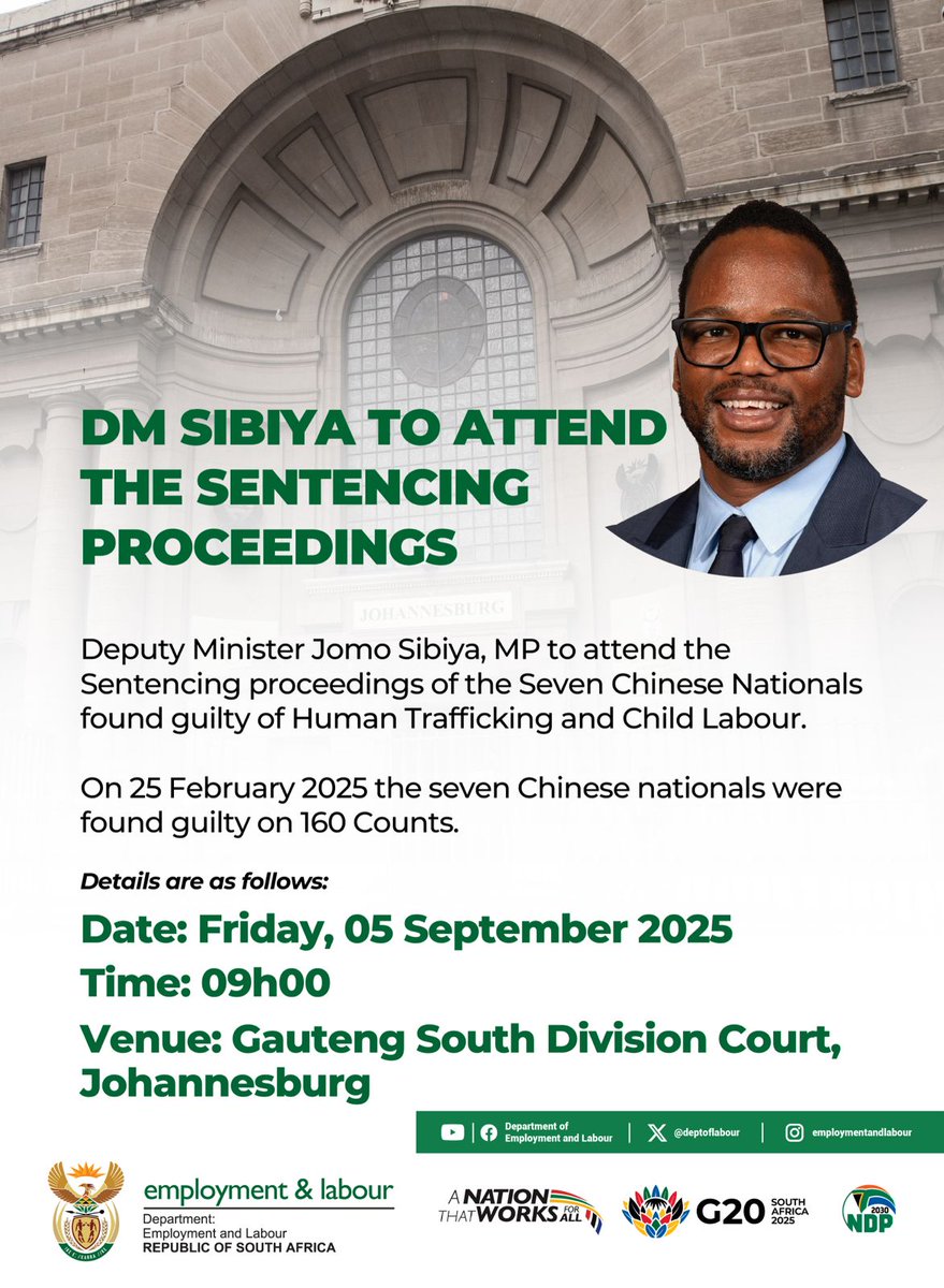 DmJomo's tweet photo. Our day begins at Gauteng South High Court for the sentencing of 7 Chinese nationals who were arrested during a Multidisciplinary High Impact Blitz Inspection & found guilty of Human Trafficking, Child Labour & breaking various Labour Laws.
#Yazini #ServicedeliveryZA #GovUpdate https://t.co/BlFpMkK5yS