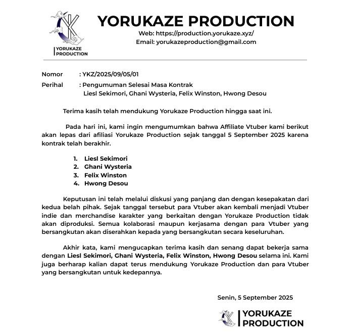 Pengumuman selesainya masa kontrak <a href="/LieslSekimori/">Liesl Sekimori 🏮🦴 関森リエスル</a> <a href="/WysteriaGhani/">Ghani Wysteria 🪻| 2.0 Model Reveal 📌 | Open</a> @felixwinston_ <a href="/HwongDesou/">Hwong Desou | H nya Graduate</a>