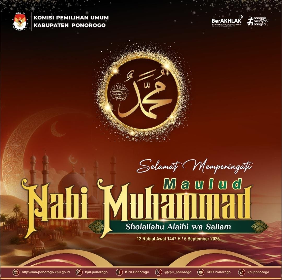 TemanPemilih..Segenap jajaran Pimpinan beserta Staf Kpu Kabupaten Ponorogo mengucapkan Selamat Memperingati Maulid Nabi Muhammad SAW, 12 Rabiul Awal 1447 H/5 September 2025.

#KPUponorogo2025
