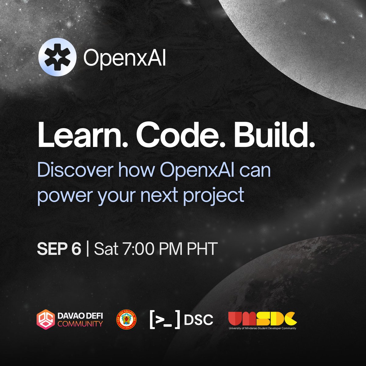 OpenxAI Online Vibe Coding Session is happening tomorrow! In collaboration with 3 developer communities from different universities.

📅 Sept 6, 2025 | 7–9PM PH Time

🎟 luma.com/q48ye1pz

Learn AI + Web3 building with guest speaker <a href="/johnforfar/">John Forfar | Dev Rel</a> and discover how to join the
