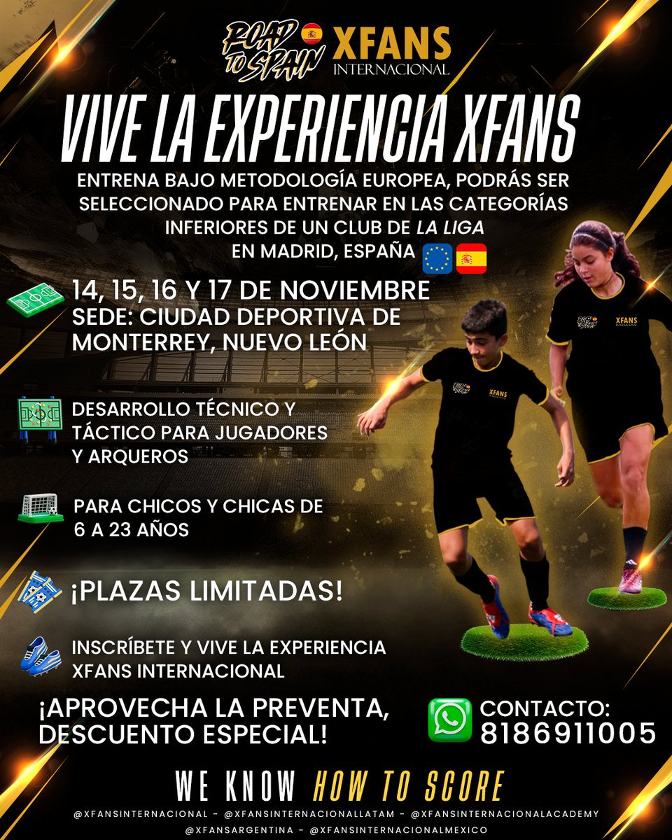 ¡Ven y participa en el 2do Campus Draft en el que podrás entrenar con metodología europea y ser seleccionado para entrenar en las categorías inferiores de un club de La Liga en Madrid, España!
Del 14, 15, 16 y 17 de Noviembre, en Ciudad Deportiva de Monterrey 🔥